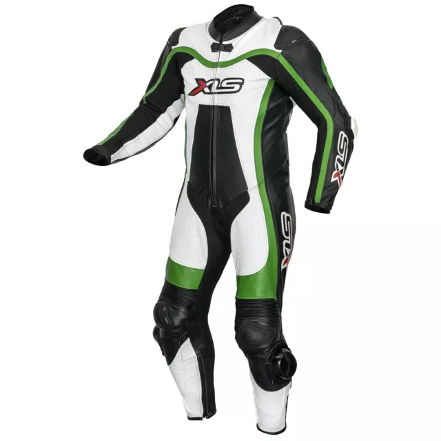 Combi Cuir Haute Qualité une Piece Noir Blanc Vert Combinaison Moto Pièce XLS