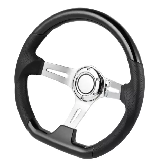 Universal 350MM 6-Hole D-Shape Black Grip Chrome 3-Spoke Steering Wheel