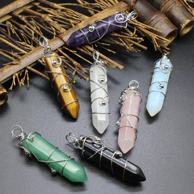Natural Wire Wrapped Crystal Point Pendant Chakra Quartz Gemstone Reiki Healing