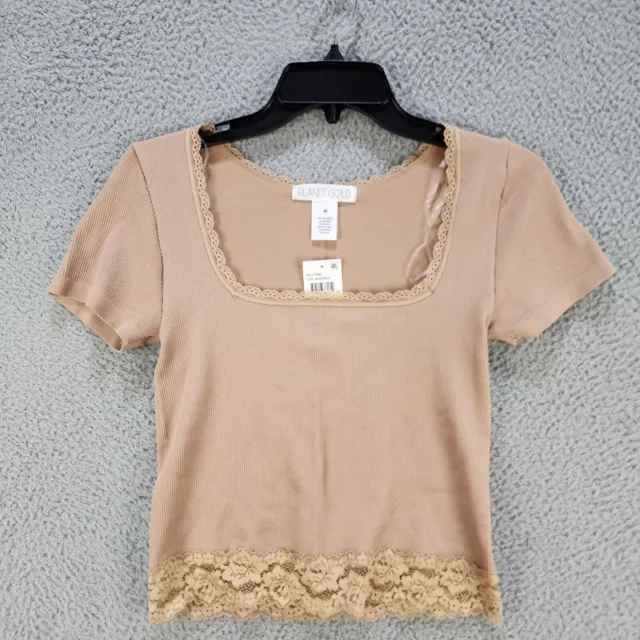 Planet Gold Ribbed Cropped Top Juniors' M Tan Incense Square Neck Lace-Trim S/S~