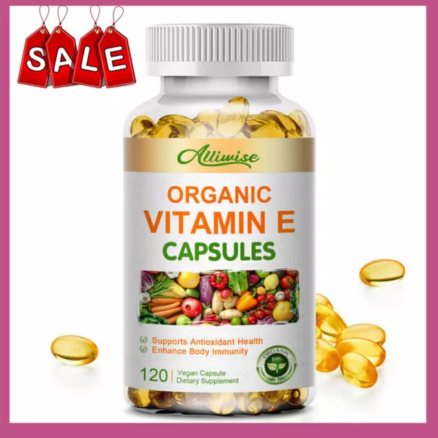 Organic Vitamin E Capsules Supplement for Hair Skin Nail Face Health Vegan 120pc