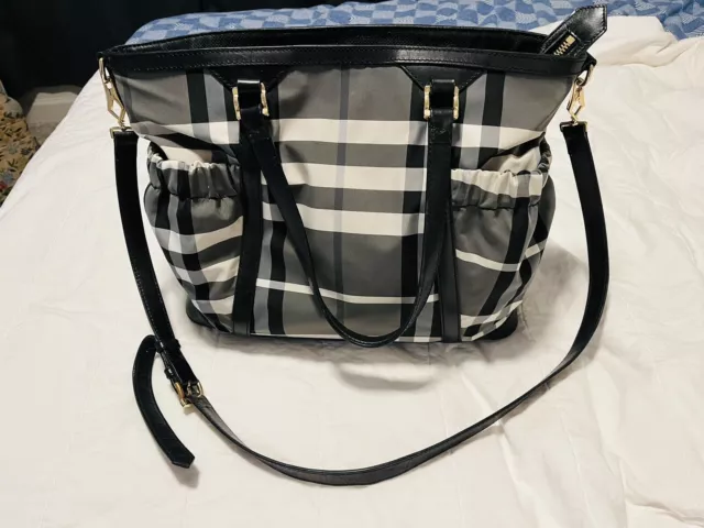 Burberry Baby Diaper Bag Nylon Nova Tote Check Black Patent Leather Gray White