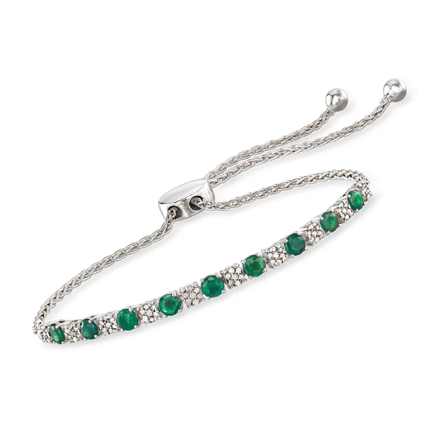 1.20 ct. t.w. Emerald and .20 ct. t.w. Diamond Bolo Bracelet in Sterling Silver