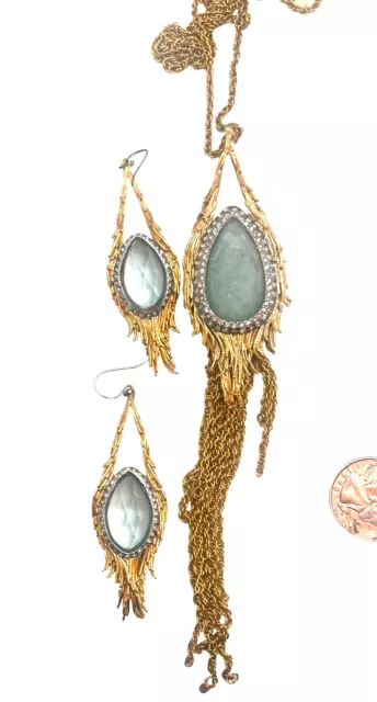 Exquisite Alexis Bittar Aqua Opal Chain Dangle Pendant Necklace & Earring Set