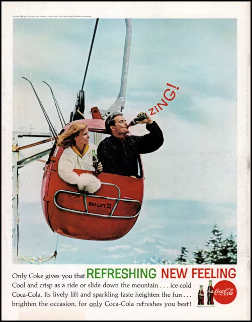 1962 Coca-Cola couple ski lift snow treetops Coke retro photo print ad adL72