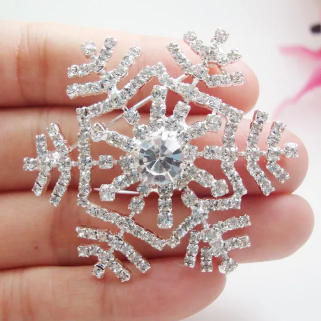Silver Tone Snowflake Flower Clear Rhinestone Crystal Bride Wedding Brooch Pin