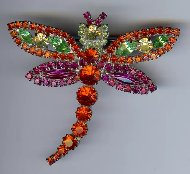 Vintage Glänzend Orange Rosa Grün Strass Dragonfly Anstecknadel Brosche