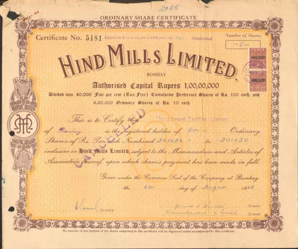 Hind Mills Limited Bombay India textile stock certificate rupees share