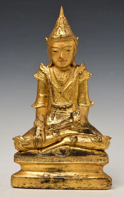 19th Century, Mandalay, Antique Burmese Wooden Seated Crowned Buddha