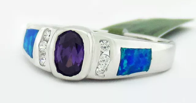 GENUINE BLUE OPAL, AMETHYST & WHITE SAPPHIRE RING .925 SILVER ** New With tag **