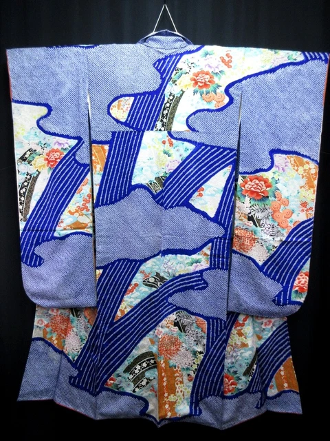 7278 Silk Vintage Japanese Kimono Furisode Shibori Embroidery Mum Peony Tall