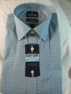 NWT STAFFORD EASY CARE BROADCLOTH STRETCH COMFORT DRESS SHIRT Blue Green Check