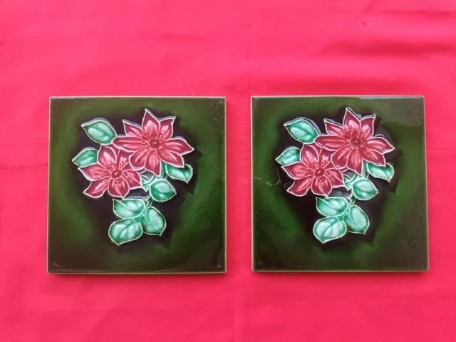2 Piece Old Art Flower Design Embossed Majolica Ceramic Tiles England 0196 3