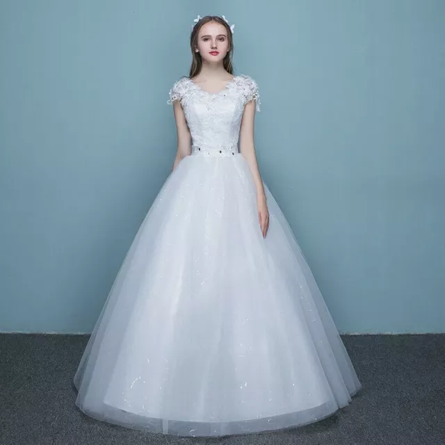 Womens Bride Bridesmaid Maxi White Wedding Dress Princess Lace Prom Ball Gown