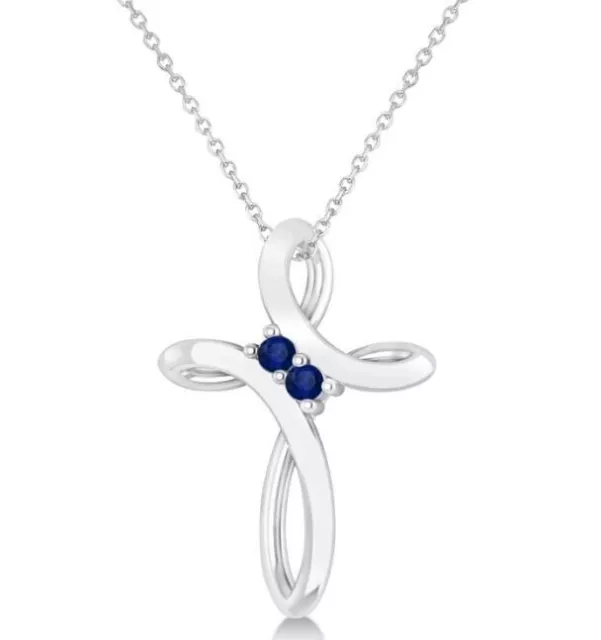 0.2CT Round 2 Stone Sapphire Infinity Cross Pendant 14K White Gold Plated Silver