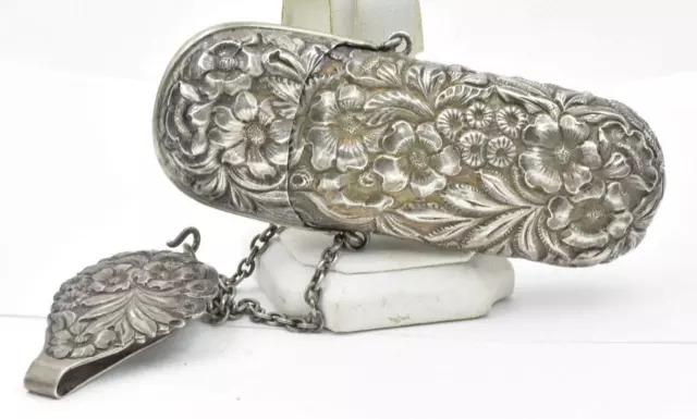 Antique KIRK?? repousee Sterling Silver Chatelaine eyeglasses spectacles Case