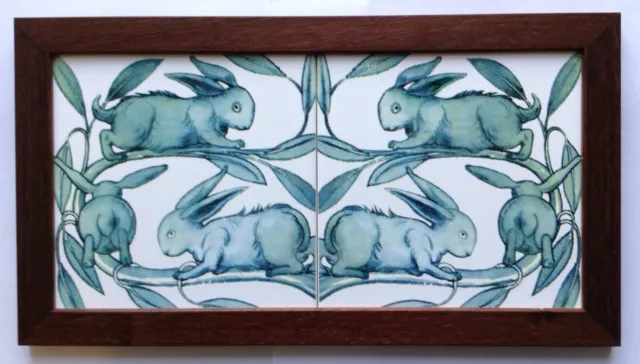 Arts & Crafts Movement William De Morgan 2 Tile Panel Framed Hand Made Rabbits