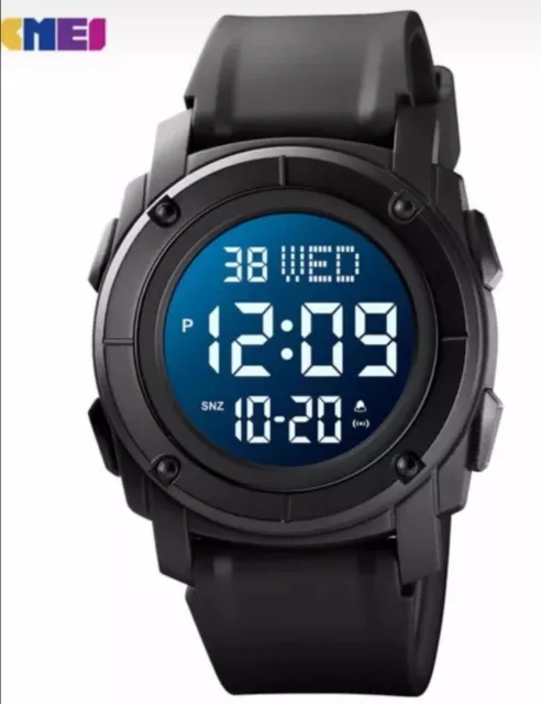 Digital Mens Sports Outdoor Wrist watch 5ATM Waterproof Alarm Stop Watch Black