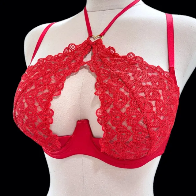 Victorias Secret Dream Angels Sweet Heart Lace Unlined Open Cup Halter Bra Red 2