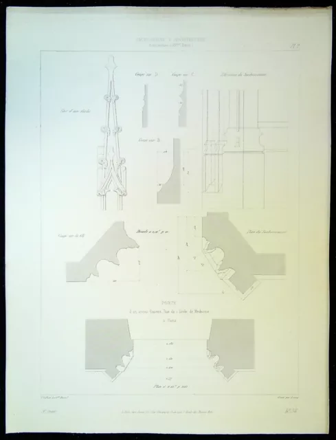Ancienne Gravure d'Architecture Porte d'un ancien couvent rue de l'école de mede