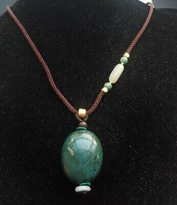 Oval natural hubei old turquoise pendant,hetian jade beaded adjustable necklace