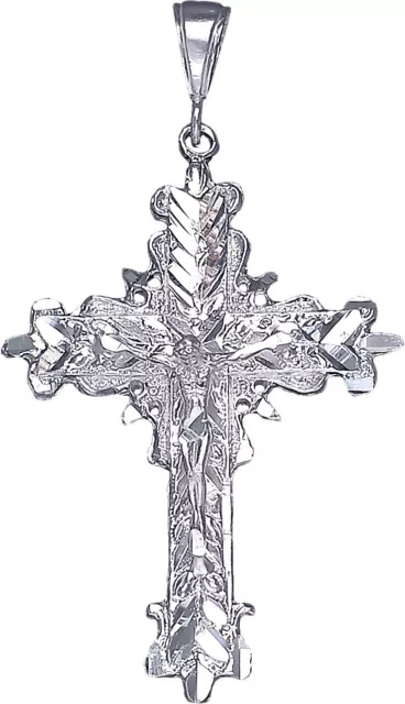 Large Sterling Silver Cross with Jesus Pendant Necklace with Diamond Cut Finish