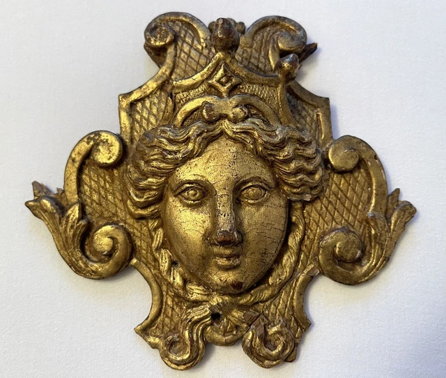 Ancien ornement en bois doré sculpté mascaron sculpture élément ange XVIII XIX