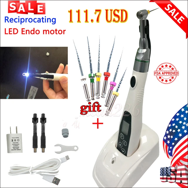 LED Dental Endo Motor Cordless 16:1 Contra Angle Handpiece & 6* Rotary Files Kit