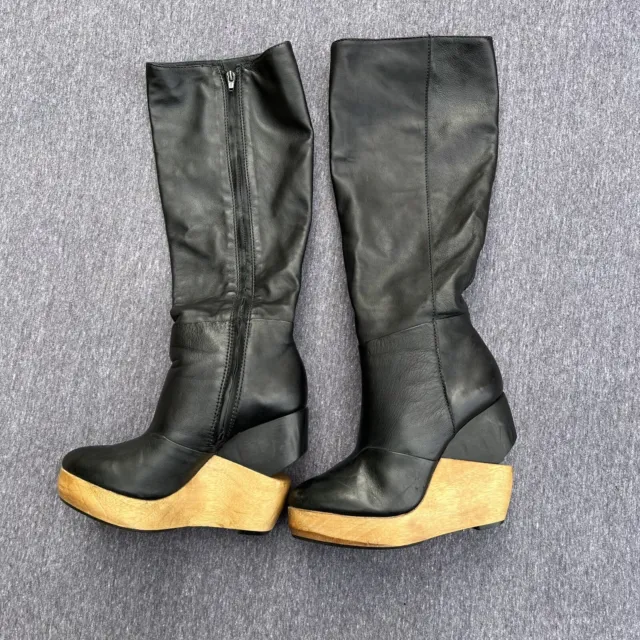 All Saints Savitr Leather Knee High Black Wood Heel Platform Boots Size EU 37