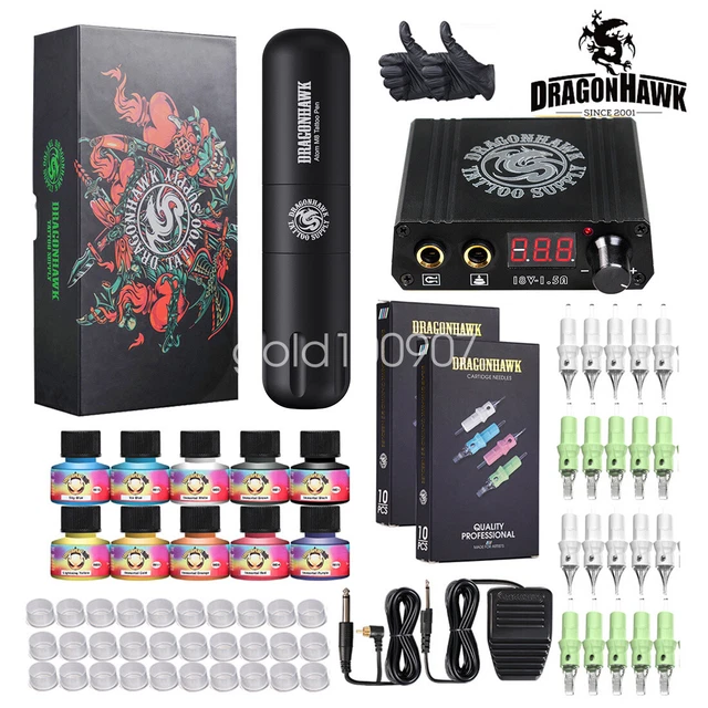 Dragonhawk Tattoo Kit Set Motor Pen Maschine Pistole Farbe Tinte Netzteil Nadeln