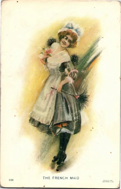 The French Maid, Publ by SS Porter Feather Duster UDB Vintage Postcard P03