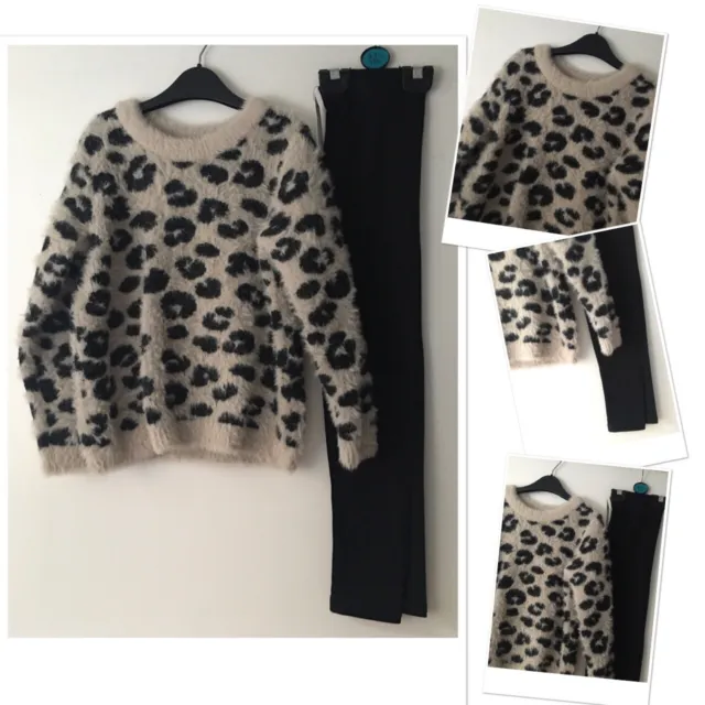 M&S girls fashion leopard fluffy jumper exc u & new prk leggings 8-9 Years