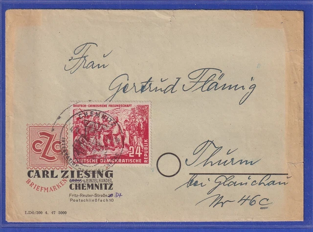 DDR 1951 Dt.-Chinesische Freundschaft Mi.-Nr. 287 als EF auf Brief aus Chemnitz