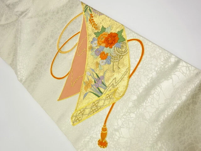 43211# Japanese Kimono / Vintage Nagoya Obi / Embroidery / Floral Cart & Scroll