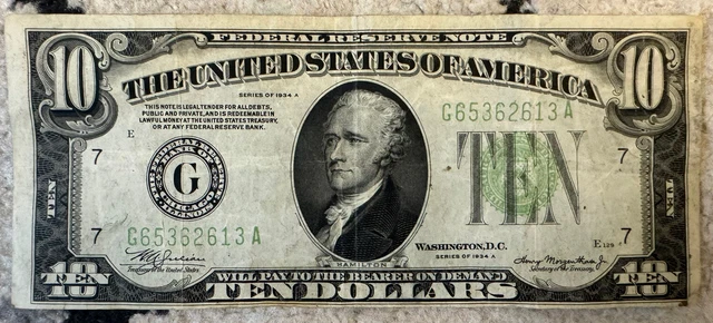 1934 A $10 Ten Dollar Bill Green Seal Circulated United State Note Currency