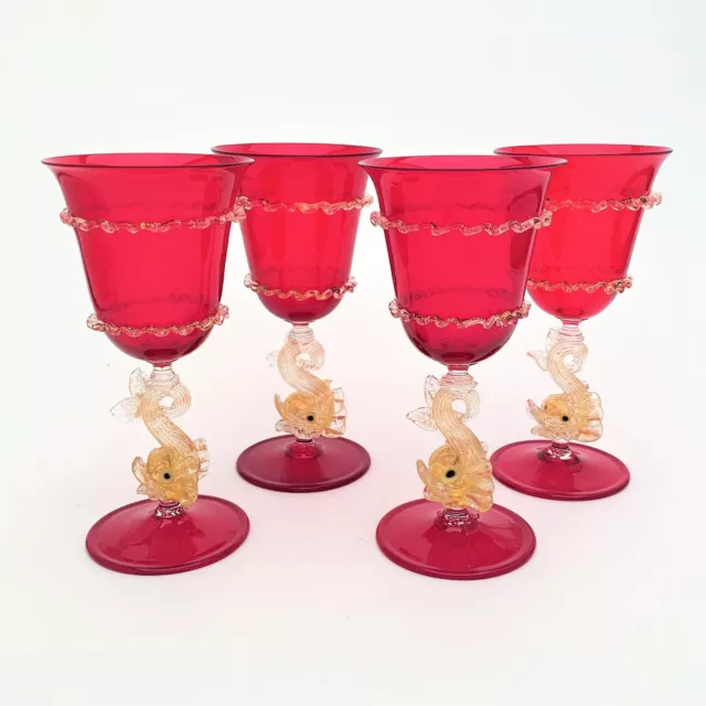 Set of 4 Murano Ruby Red Goblets with Gold Figural Dolphin Stems