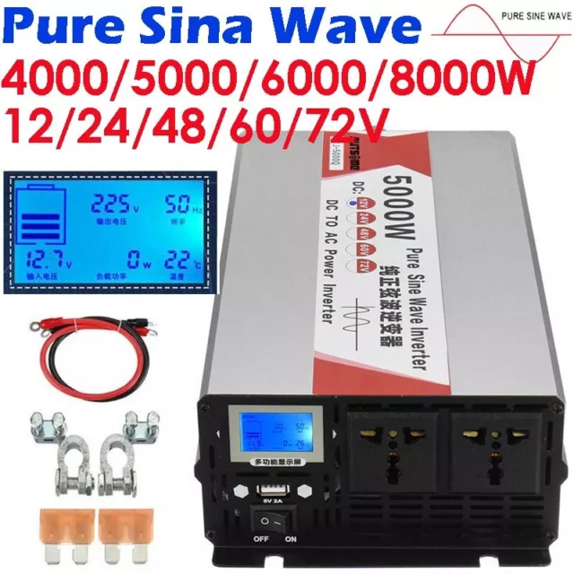 5000W 8000W máximo 12V 24V 48V a 240V inversor de potencia de onda sinusoidal pura puerto USB LCD