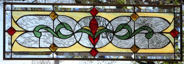 Stained Glass Transom window hanging  26 1/2 X 9 1/2  incl hooks   Brass Frame