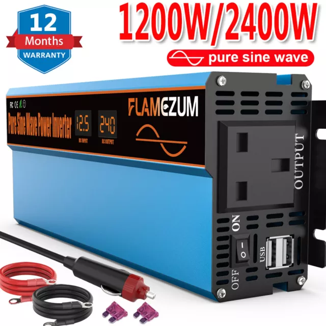 2400W 1200W Pure Sine Wave Car Power Inverter Converter DC 12V 240V USB LCD UK
