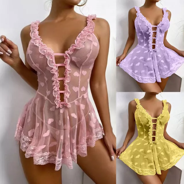 Femmes Dames Sexy Mini Robe En Dentelle Vêtements De Nuit Lingerie Nuisette ✿