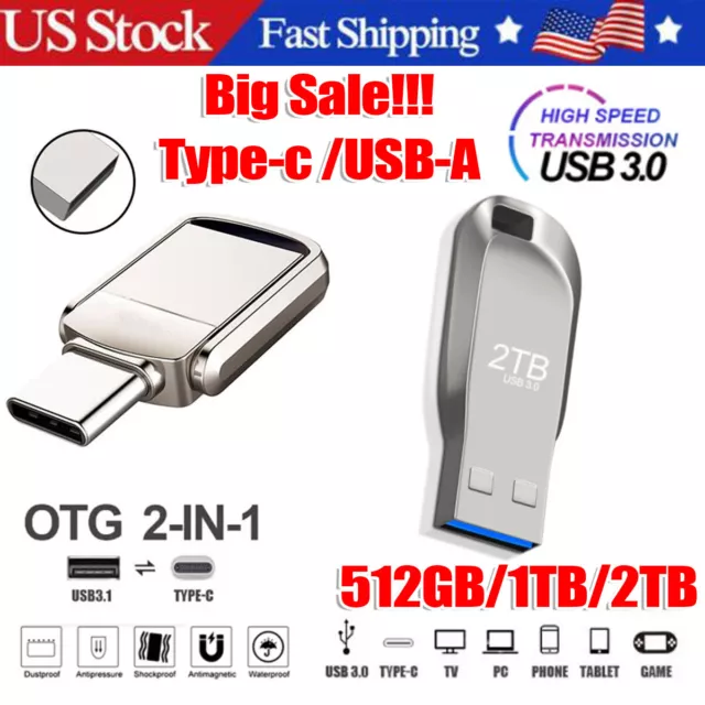 1TB 2TB Type C/USB-A USB 3.0 Flash Drive Thumb Drive Memory Stick for PC Laptop