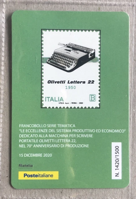 ITALIA 2020 OLIVETTI LETTERA 22 TESSERA FILATELICA FRANCOBOLLO tiratura 1500
