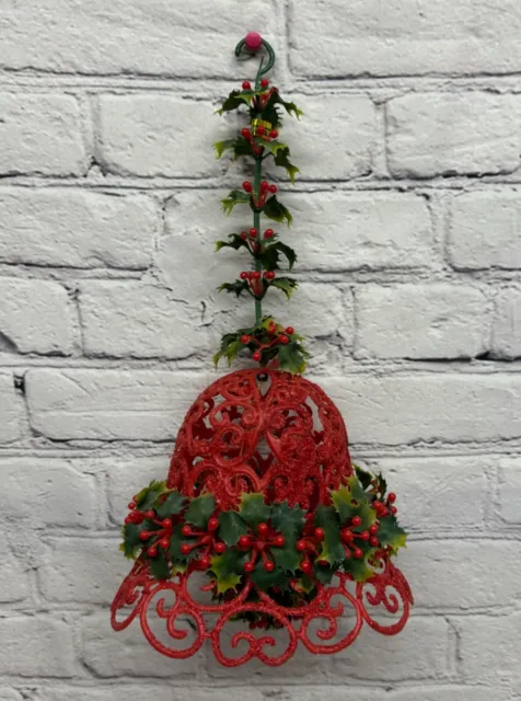 Vtg Christmas Soft Plastic Holly Berry Hanging Bell Glitter Red Kitschy Tacky