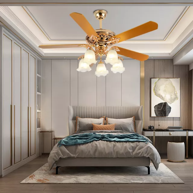 52"LED Chandelier Light Remote Control Reversible Ceiling Fan w/Wood Blades Lamp