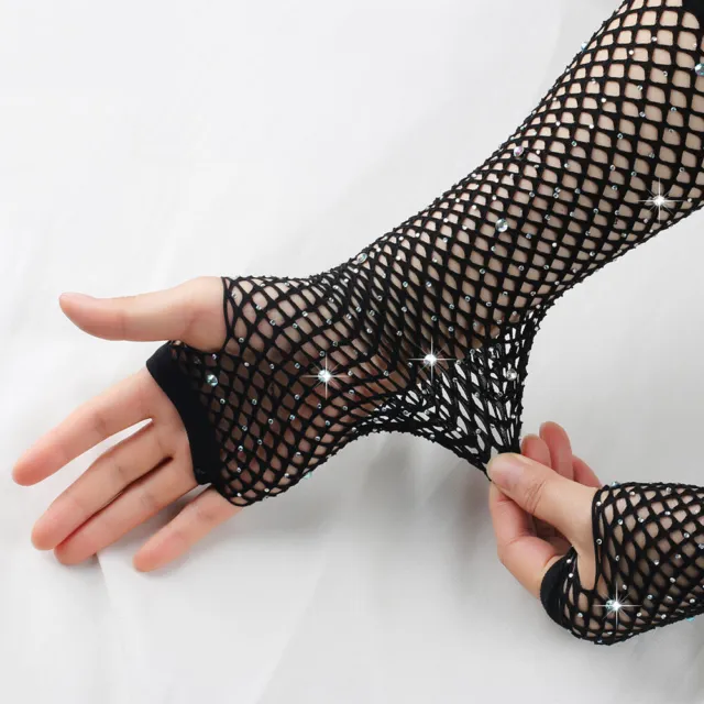 Lange Netzhandschuhe Sexy Fingerlose Handschuhe Glänzende Strass-Armärme E