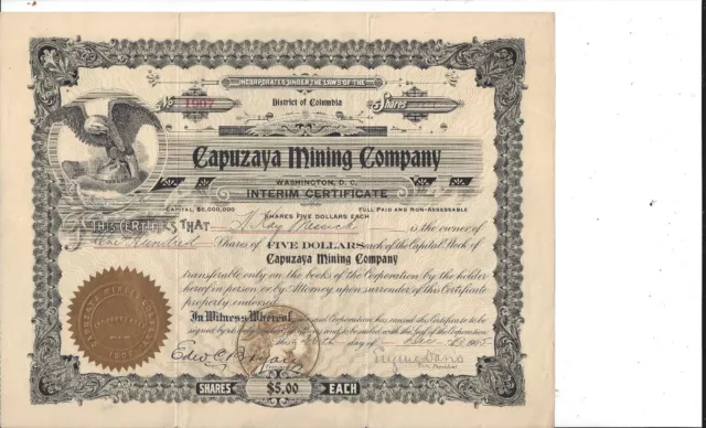 Capuzaya Mining Company......1905 Common Stock Certificate