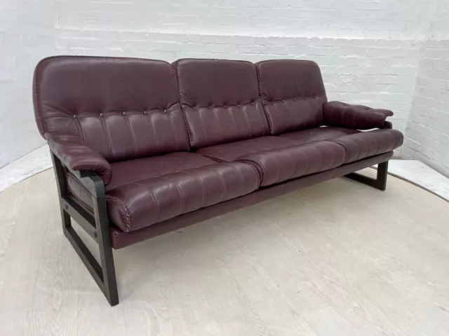 EB3080 Danish Stained Oak & Burgundy Leather Three Seater Sofa Mid-Century M3SS