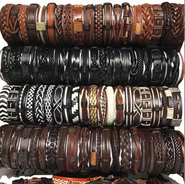 Wholesale lot 30pcs Mix Style Genuine Handmade Leather Cuff Bracelets Wristband