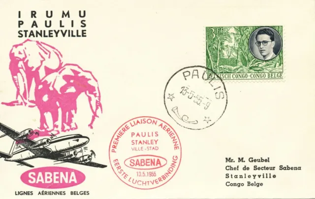 BELGISCH-KONGO 1955 Inlands-Erstflug der SABENA "PAULIS (ISIRO) - STANLEYVILLE"