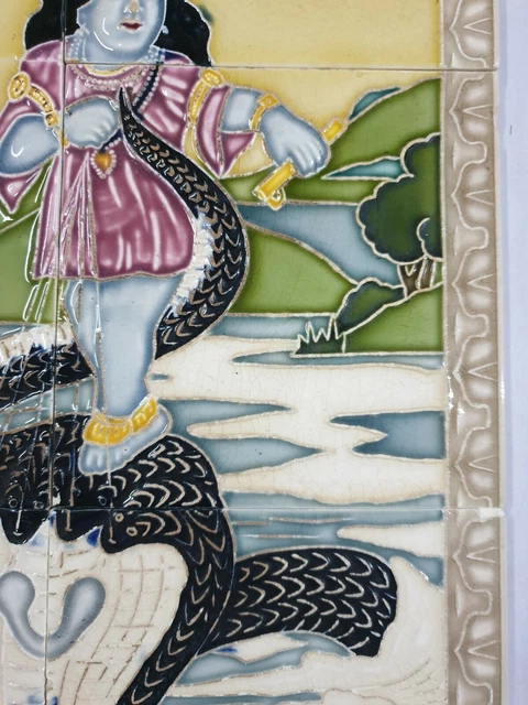 6pc panel x Vintage Majolica Tile KRISHNA DANCING ON SNAKE HEAD Japan 5